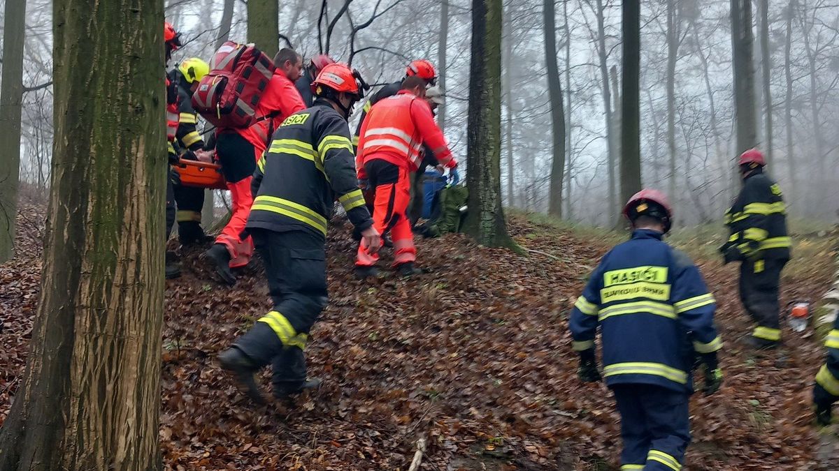Hasiči na Vyškovsku si museli při transportu zraněného muže prořezávat cestu motorovou pilou